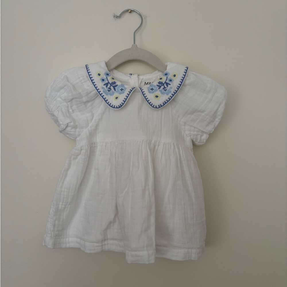 Marks & Spencer White Baby Dress Top with Blue Embroidered Collar